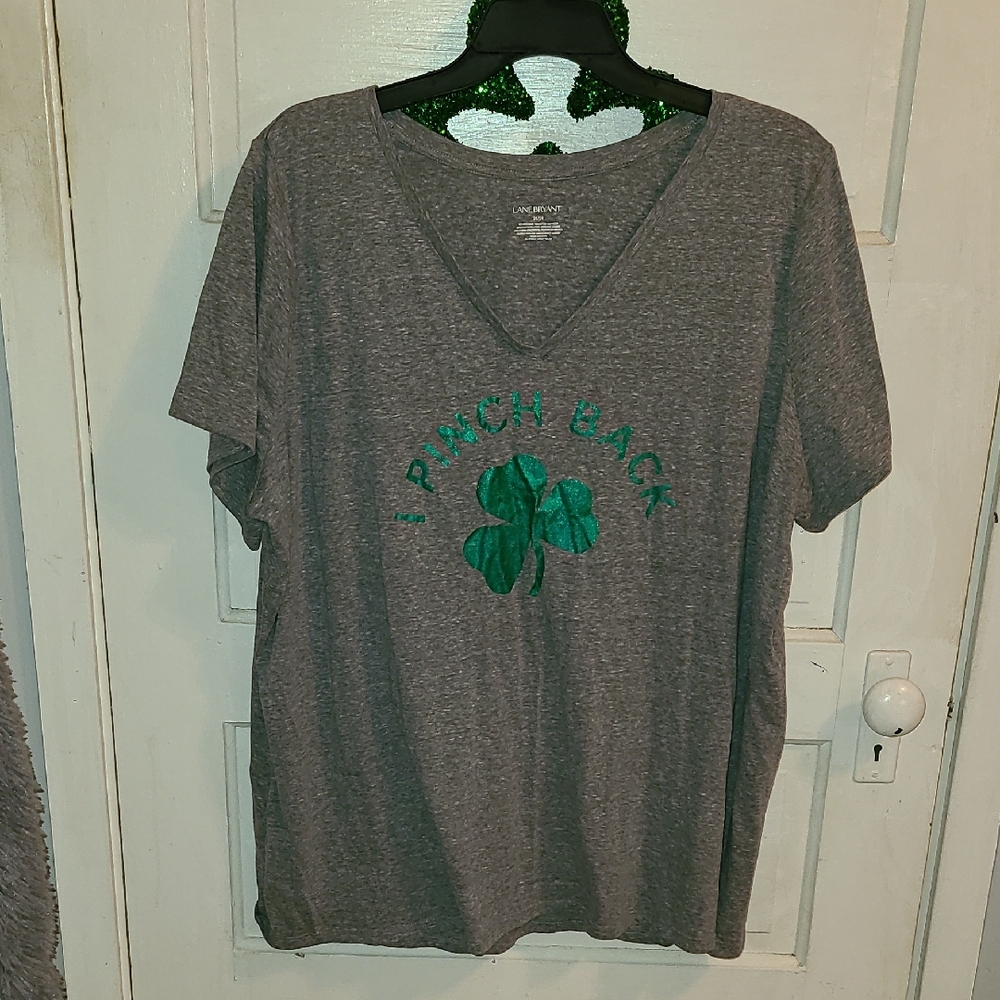 Lane Bryant Gray V-Neck Tee with Green Shamrock Graphic